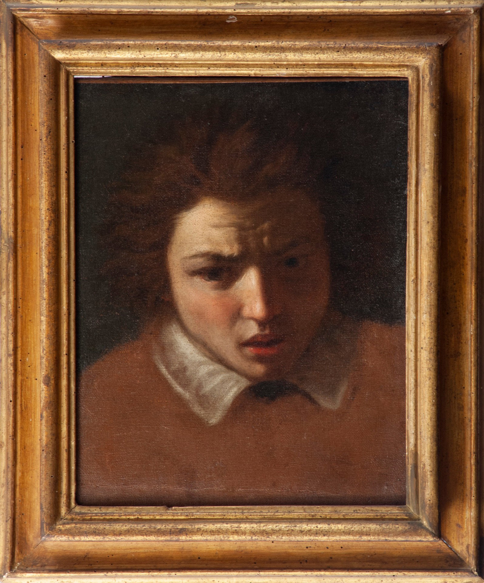 Peintre caravagesque, XVIIe siècle, Portrait de garçon, huile sur toile avec cadre en bois doré